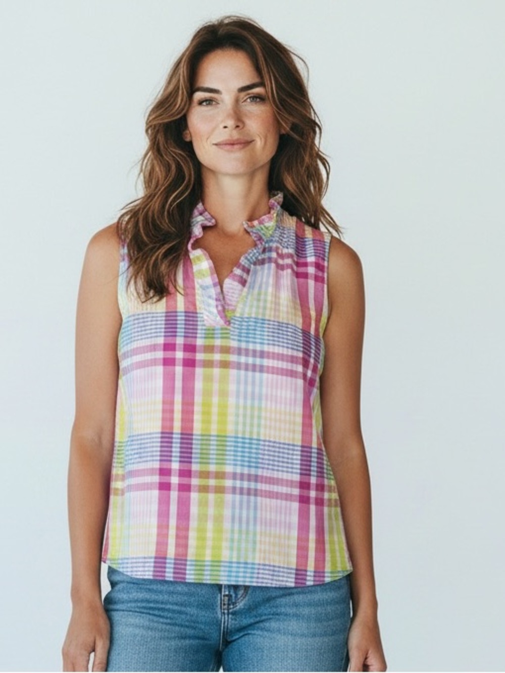 Crown & Ivy PM Blouse Multicolor Plaid Ruffle Neck Sleeveless Top Preppy Coastal